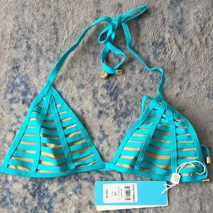 Beach Bunny Turquoise and Gold Strappy Triangle Bikini Top